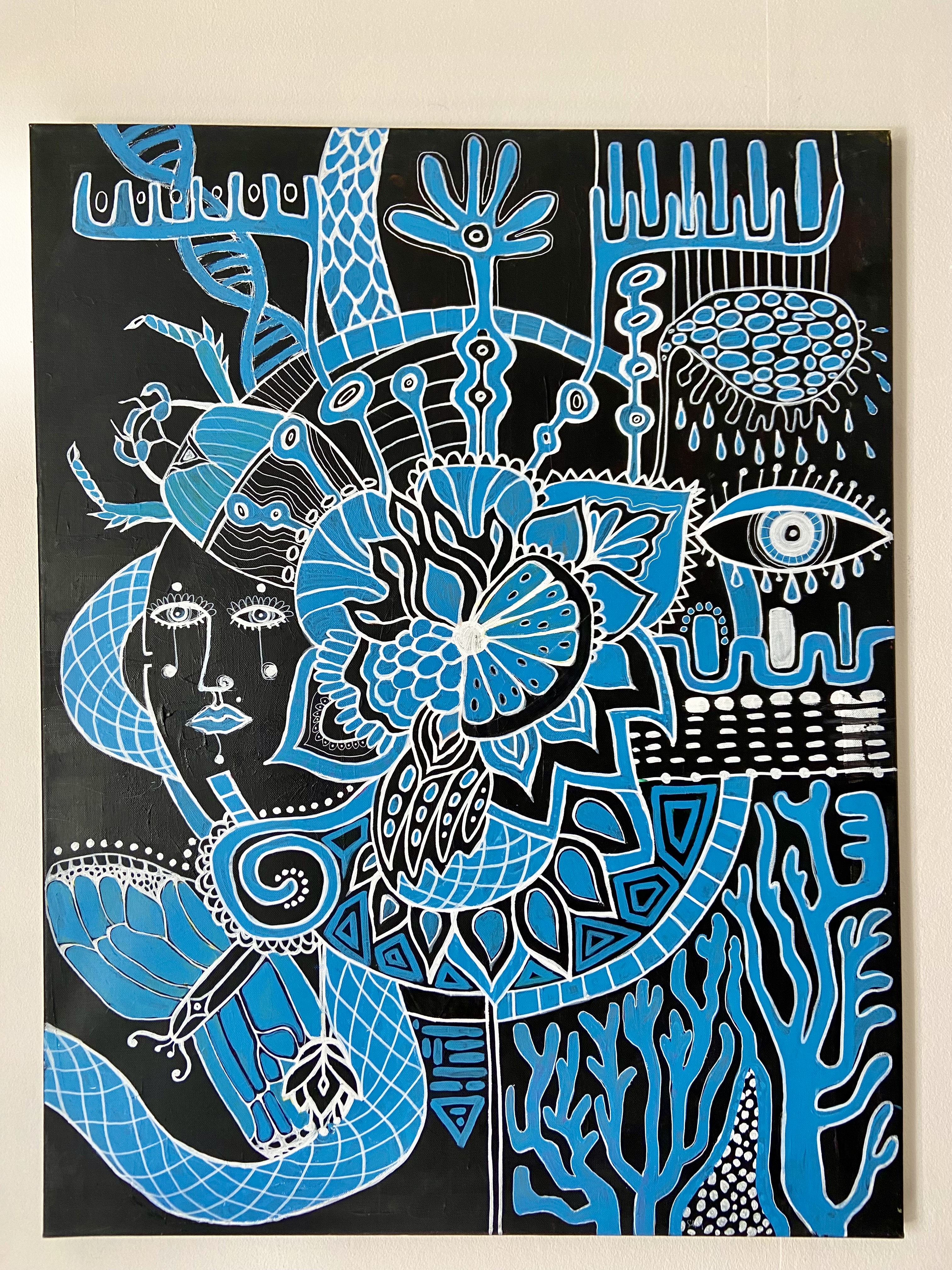 Blue and black surrealist canvas