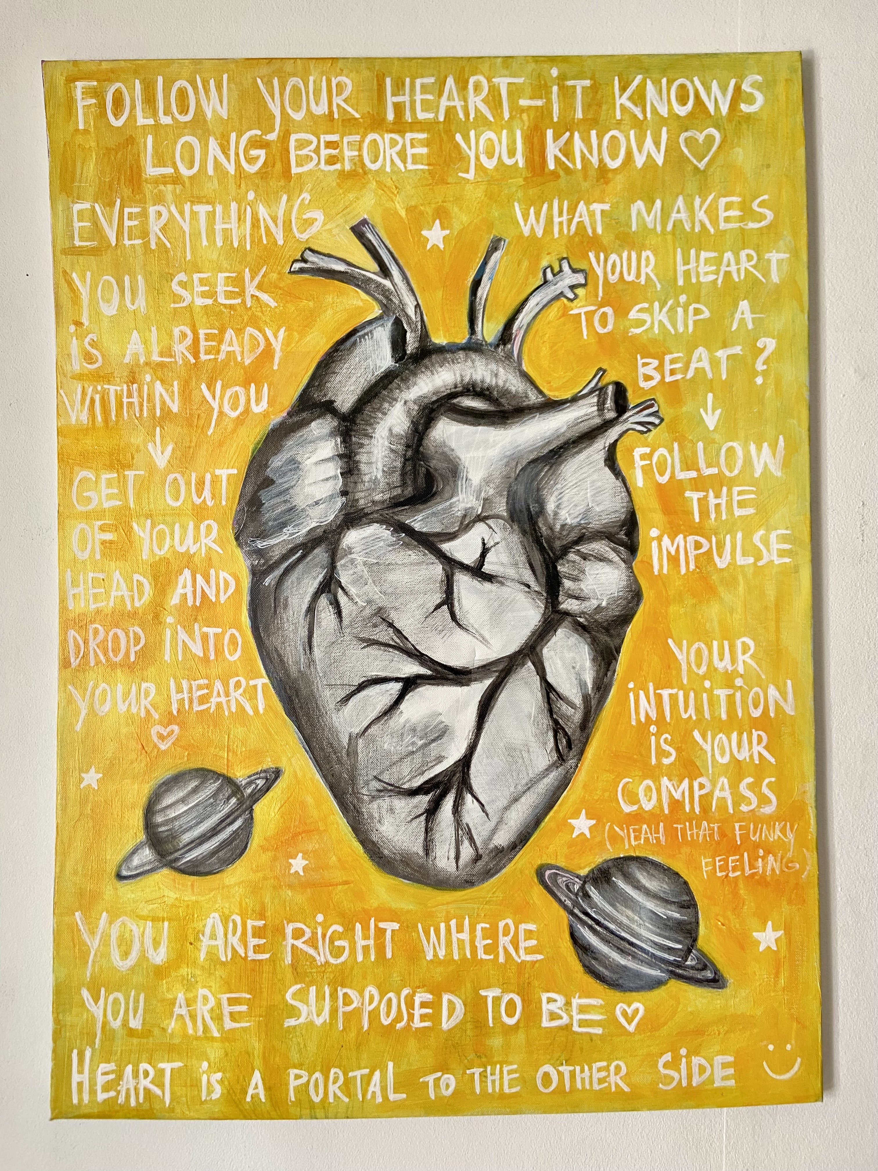 Yellow canvas with anatomical heart and handwritten text